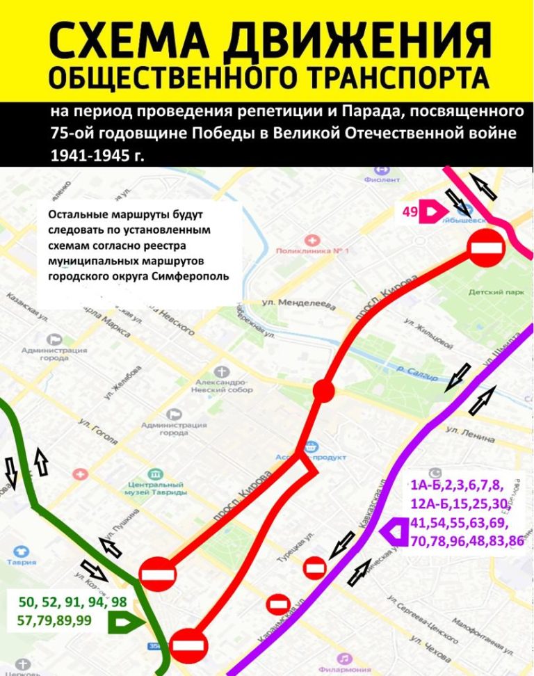 схема движения общественного транспорта, Симферополь, репетиции парада, 2020